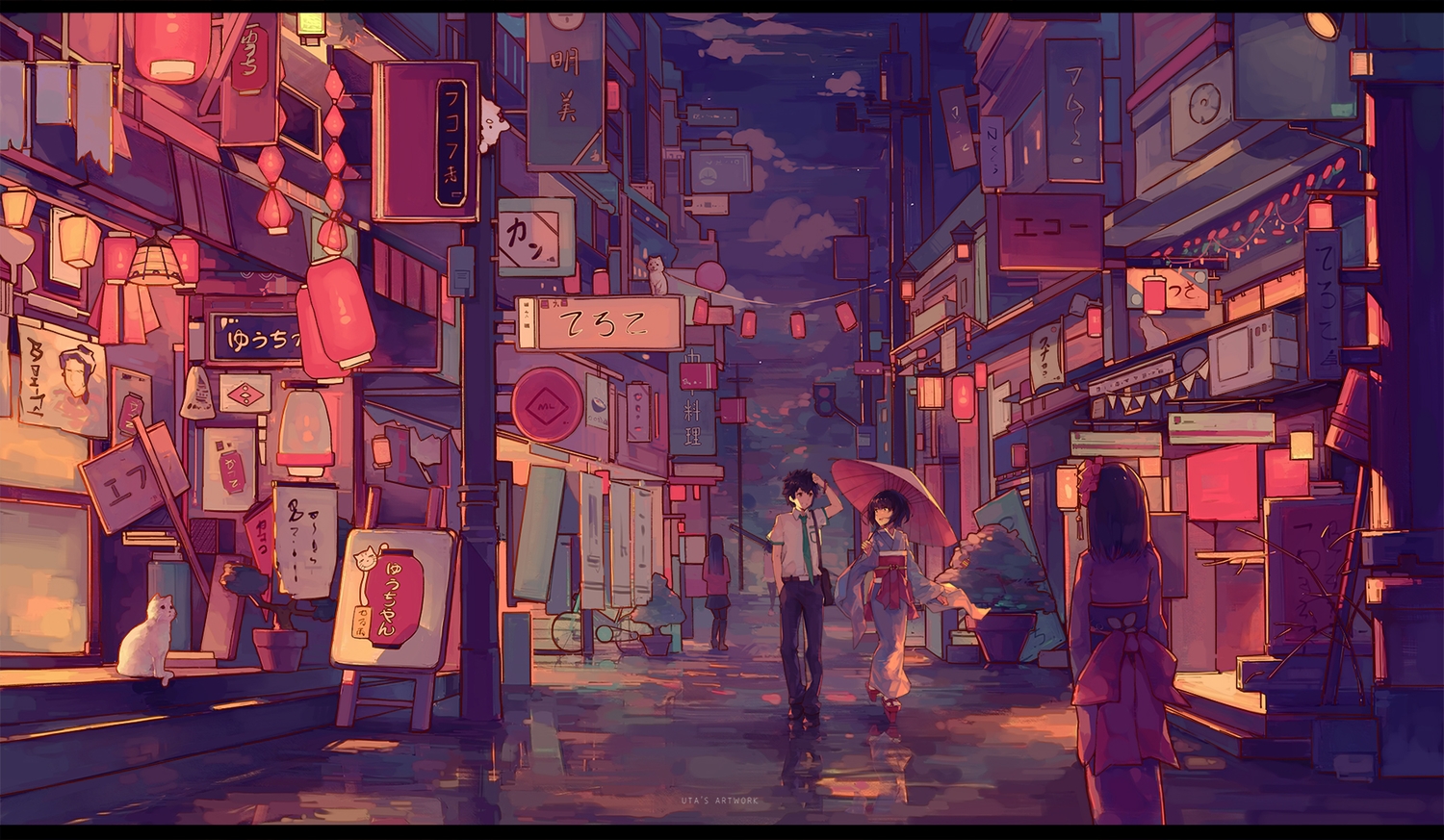 animal, building, cat, city, clouds, gujianshaonu, japanese_clothes, kimi_no_na_wa