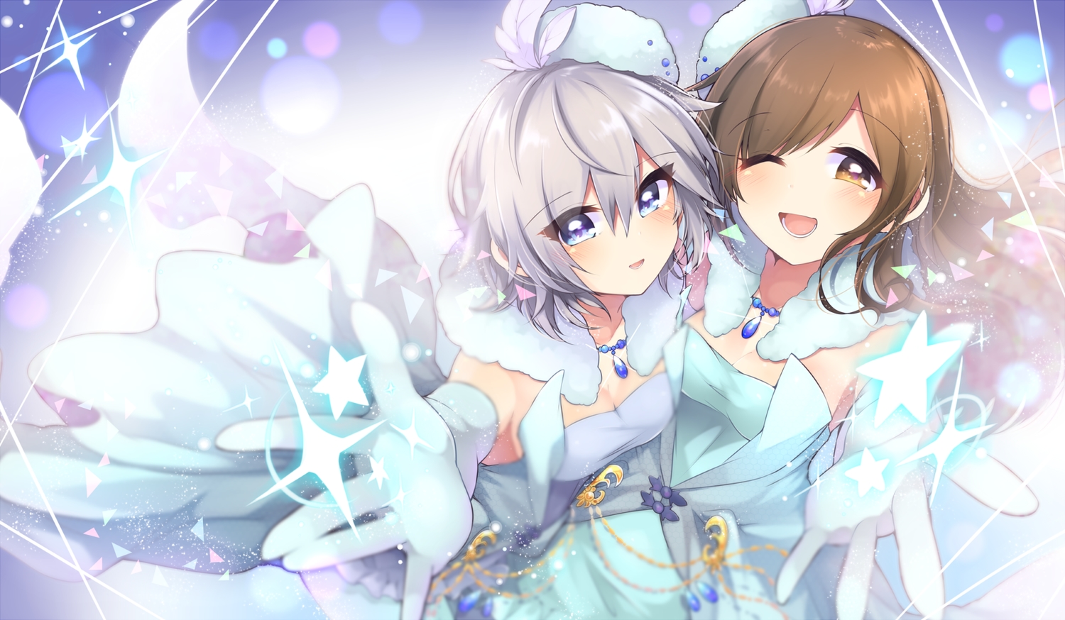 2girls, anastasia_(idolmaster), aqua_eyes, blush, breasts, brown_eyes, brown_hair, dress