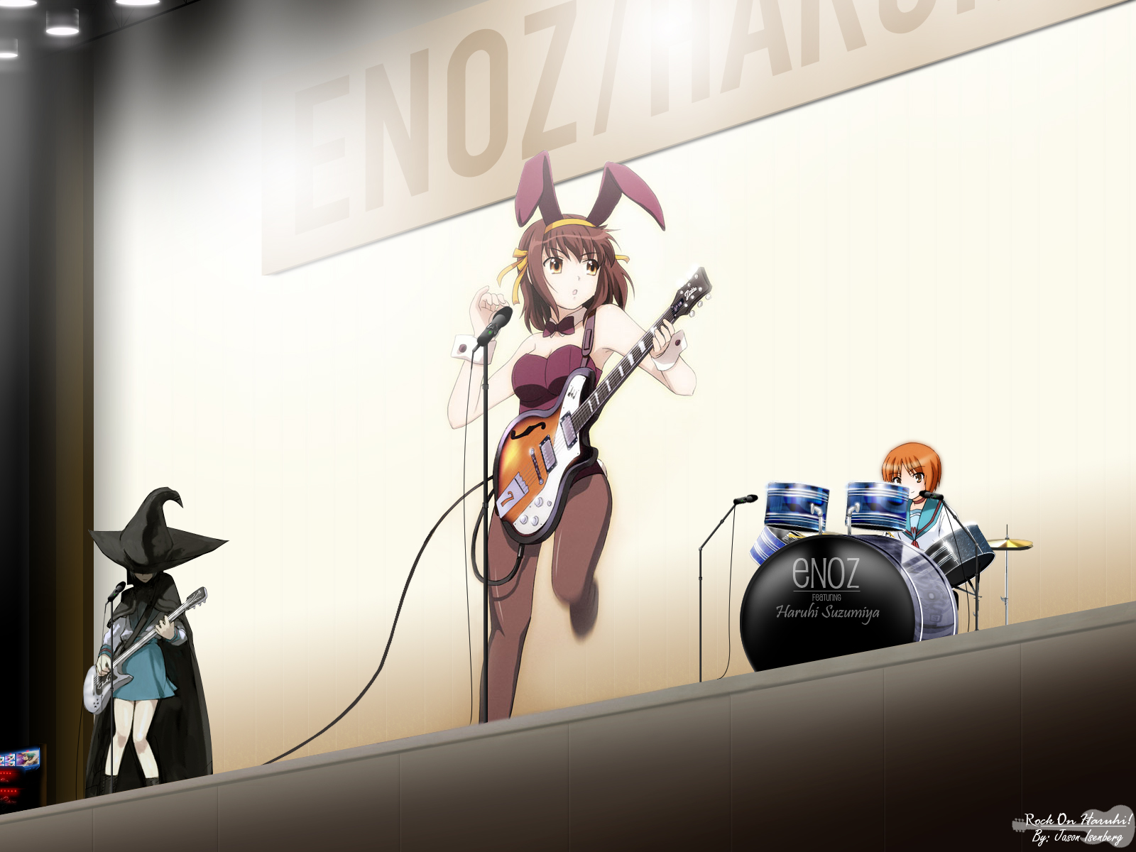 animal_ears, brown_eyes, brown_hair, bunny_ears, bunnygirl, cosplay, drums, guitar, hat, instrument, microphone, music, nagato_yuki, okajima_mizuki, pantyhose, short_hair, suzumiya_haruhi, suzumiya_haruhi_no_yuutsu, witch_hat