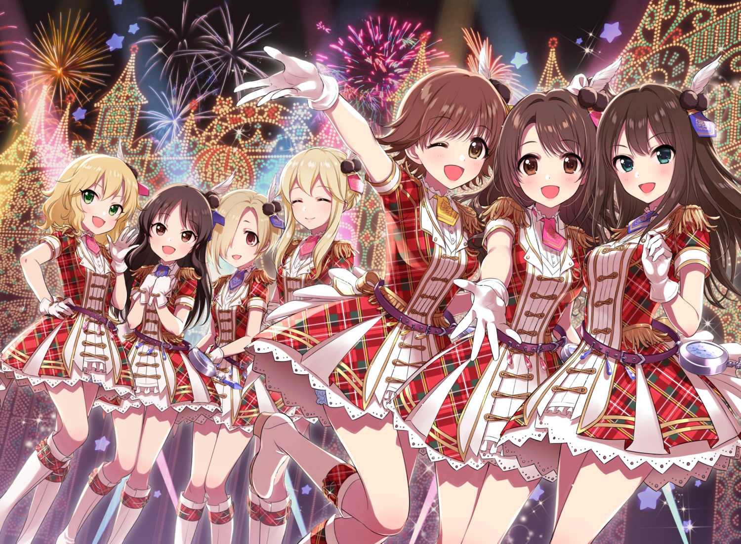 blonde_hair, boots, brown_eyes, brown_hair, clarice_(idolmaster), dress, fireworks, gloves