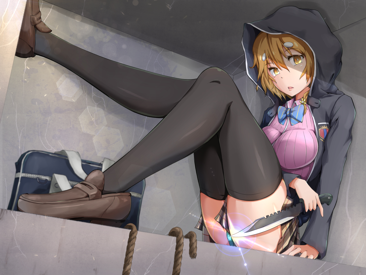 bow, breasts, brown_hair, hood, knife, koiwai_yoshino, masamune-kun_no_revenge, oshiza, panties, school_uniform, short_hair, skirt, thighhighs, underwear, weapon, yellow_eyes