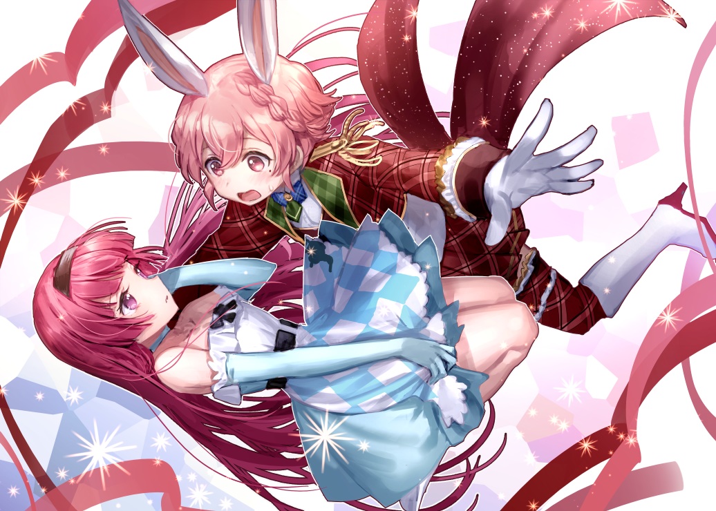 2girls, aliasing, animal_ears, blush, boots, braids, bunny_ears, bunnygirl