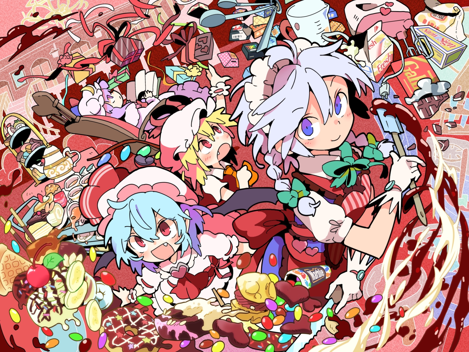 aliasing, aqua_hair, blonde_hair, blush, book, braids, cake, candy, chocolate, dress, drink, fang, flandre_scarlet, food, fruit, gloves, gray_hair, hat, headdress, izayoi_sakuya, long_hair, momoyama_nozomu, patchouli_knowledge, purple_eyes, purple_hair, red_eyes, remilia_scarlet, short_hair, stairs, touhou, valentine, vampire