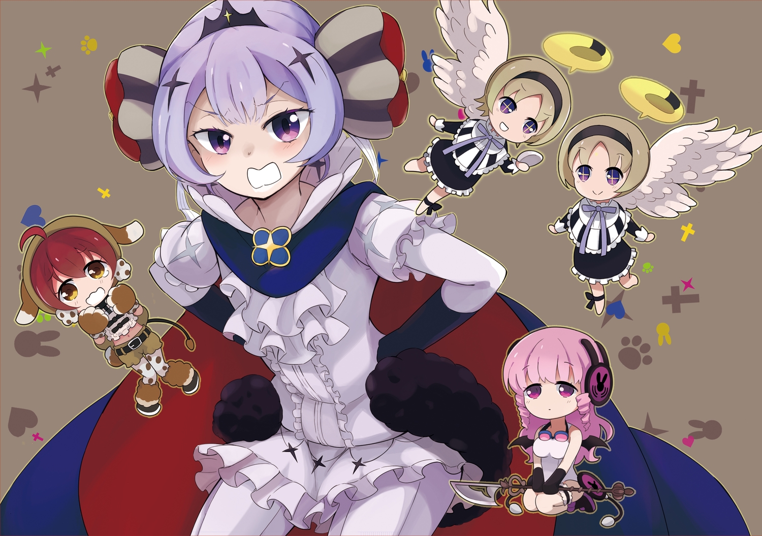 amasato_mina, amasato_yuna, breasts, brown_eyes, dress, garter, gloves, headband, headphones, inubouzaki_tama, kyukyukyutto, long_hair, mahou_shoujo_ikusei_keikaku, mokuou_sanae, navel, pantyhose, pink_eyes, pink_hair, purple_eyes, purple_hair, red_hair, sakanagi_ayana, short_hair, tail, weapon, wings