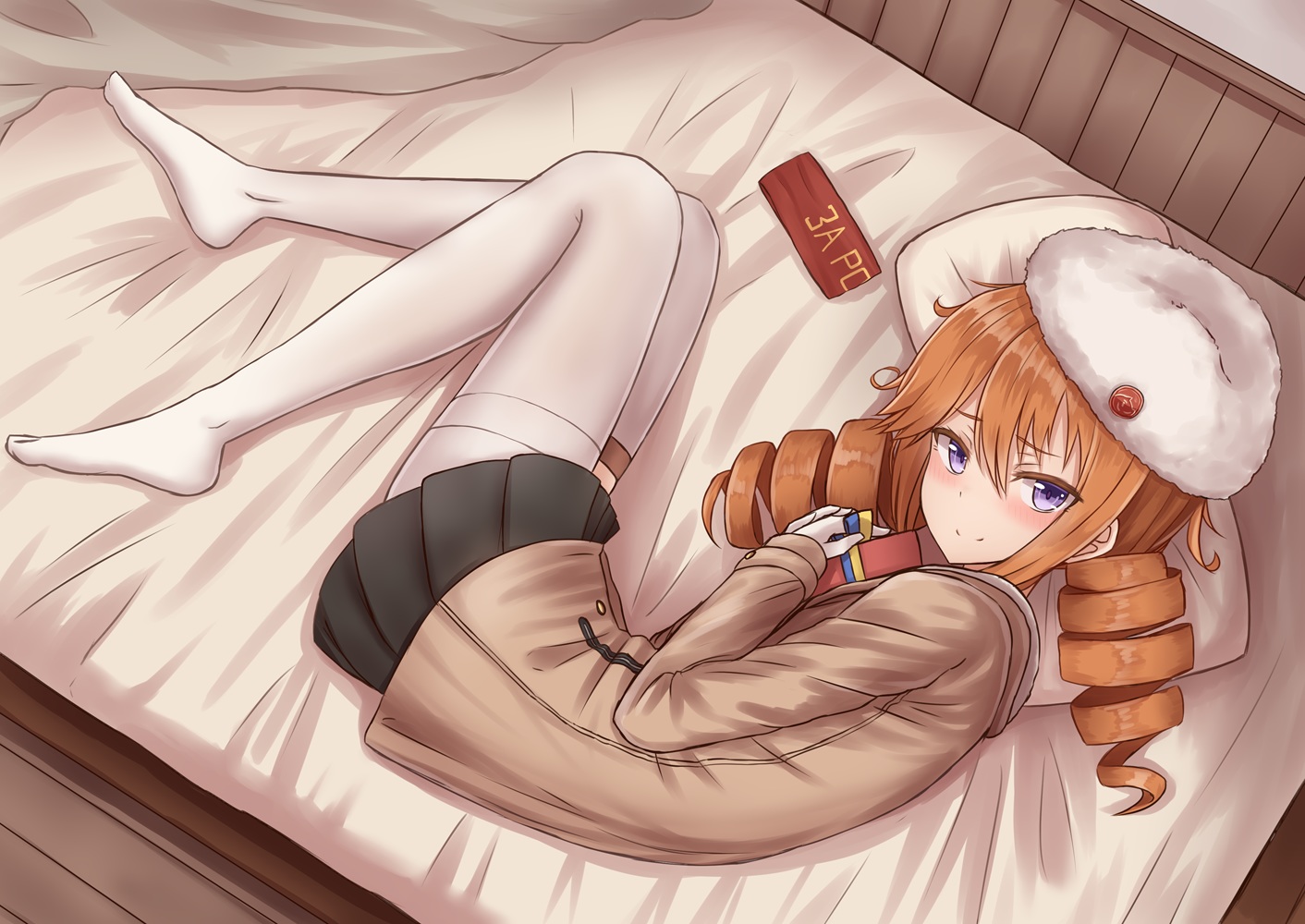 anthropomorphism, bed, blush, brown_hair, gloves, hat, long_hair, purple_eyes, skirt, tashkent_(zhanjian_shaonu), thighhighs, twintails, valentine, yakob_labo, zhanjian_shaonu