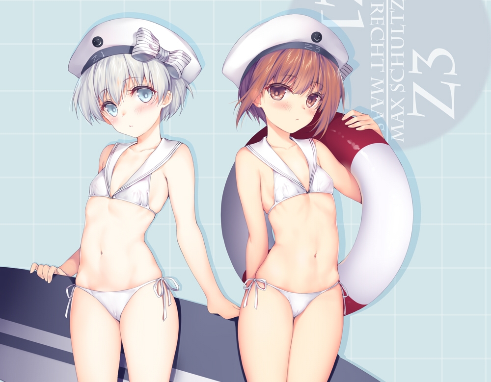 2girls, anthropomorphism, aqua_eyes, bikini, blush, bow, brown_eyes, brown_hair