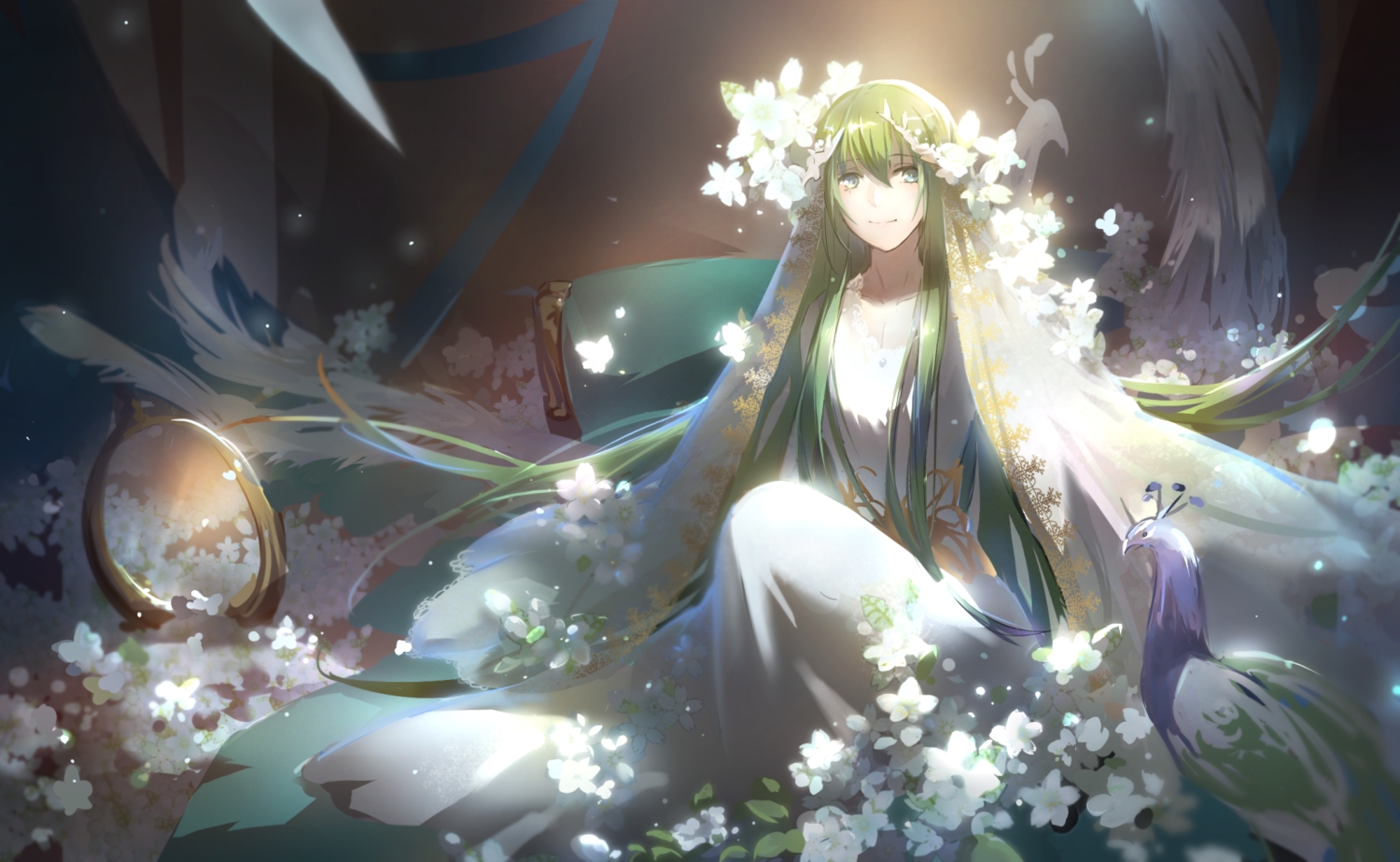 all_male, animal, bird, dress, enkidu, fate_(series), fate/strange_fake, flowers