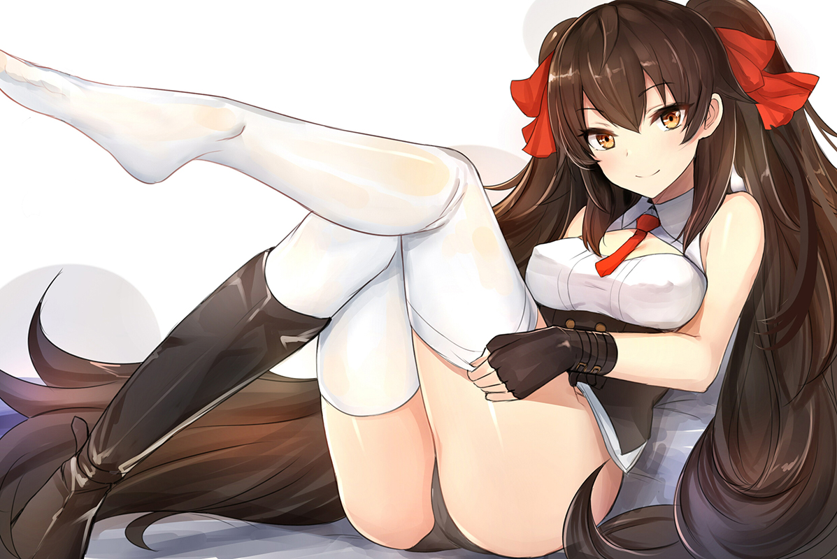 anthropomorphism, ass, boots, breasts, brown_eyes, brown_hair, dressing, elbow_gloves, erect_nipples, girls_frontline, gloves, long_hair, luse_maonang, panties, thighhighs, tie, twintails, type_97_(girls_frontline), underwear