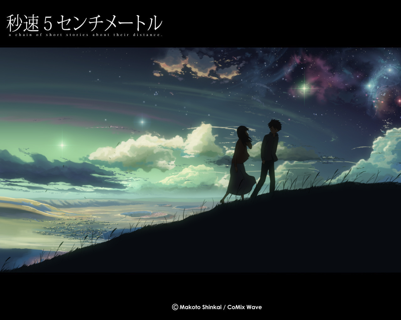 brown_hair, byousoku_5_centimetre, clouds, grass, scenic, shinkai_makoto, shinohara_akari, sky