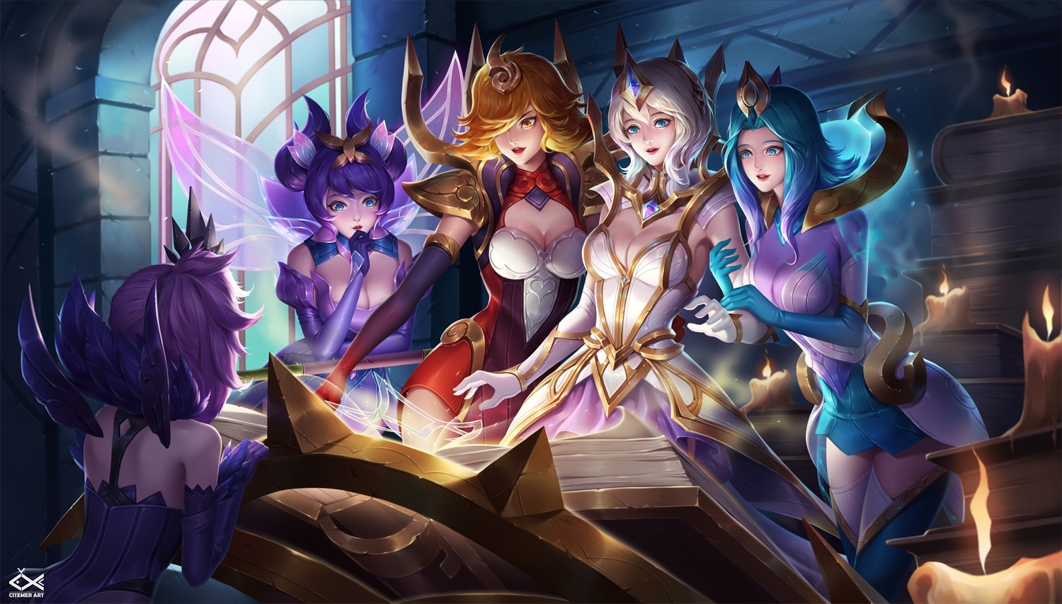 breasts, citemer, cleavage, group, league_of_legends, luxanna_crownguard, magic, watermark
