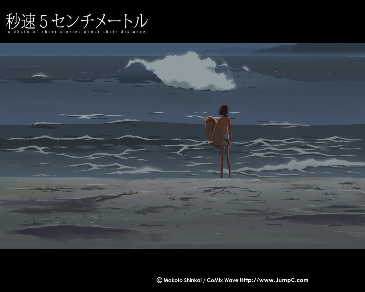 beach, brown_hair, byousoku_5_centimetre, shinkai_makoto, short_hair, shorts, sumida_kanae, swimsuit