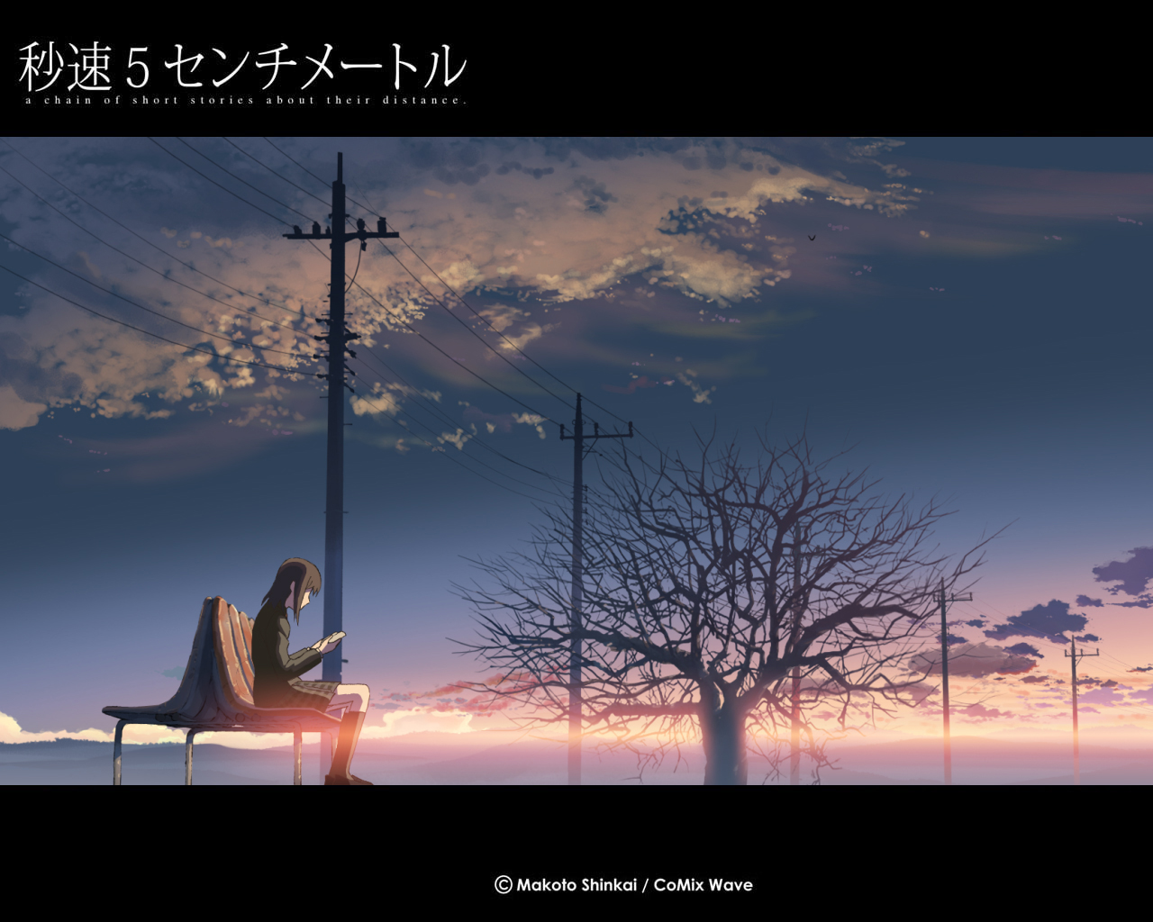 brown_hair, byousoku_5_centimetre, clouds, jpeg_artifacts, kneehighs, scenic, shinkai_makoto, shinohara_akari
