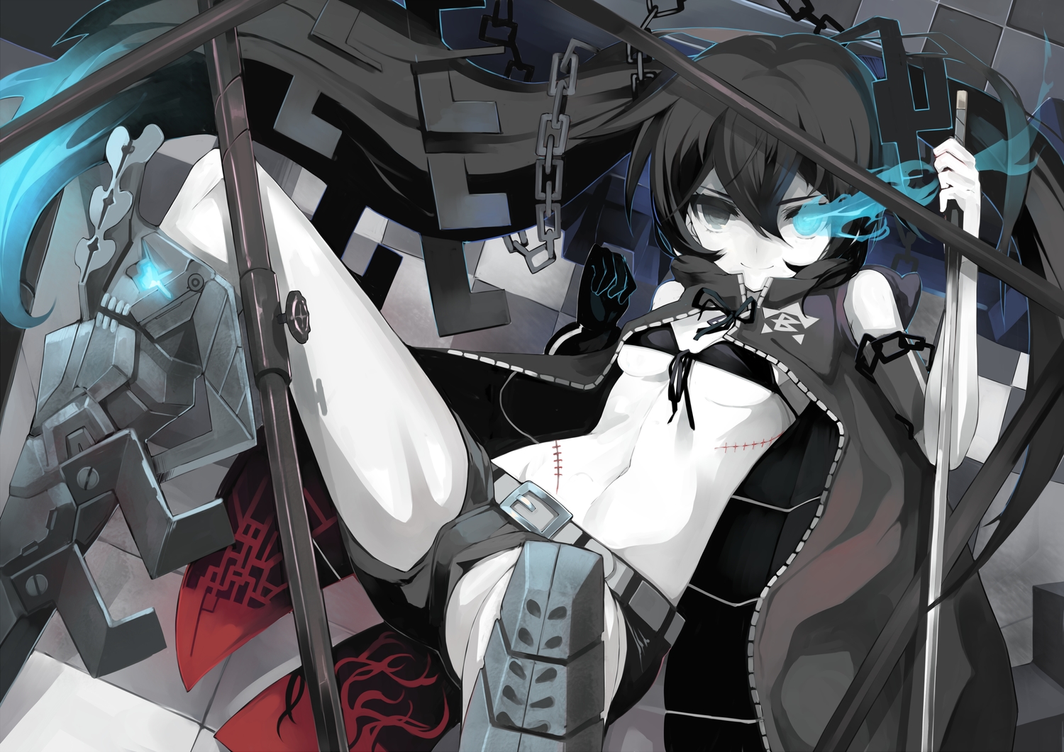 black_rock_shooter, chain, izuru_(timbermetal), katana, kuroi_mato, scar, sword, weapon