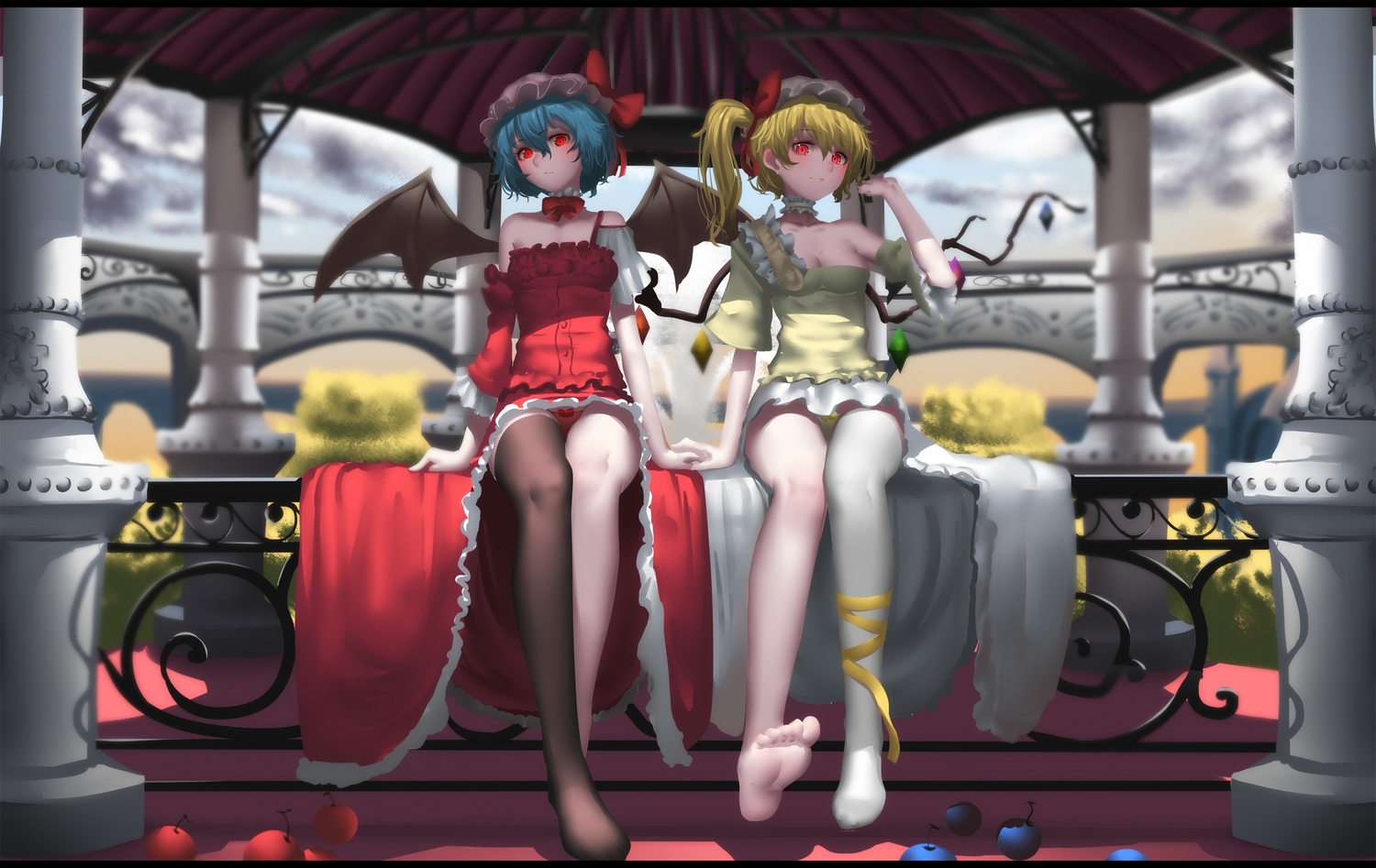 2girls, animal, bat, bow, breasts, choker, cleavage, flandre_scarlet