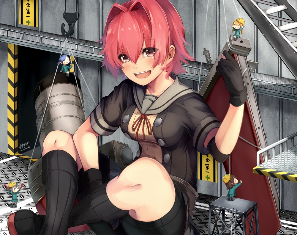 aliasing, anthropomorphism, blue_hair, blush, breasts, brown_hair, fairy_(kancolle), gloves