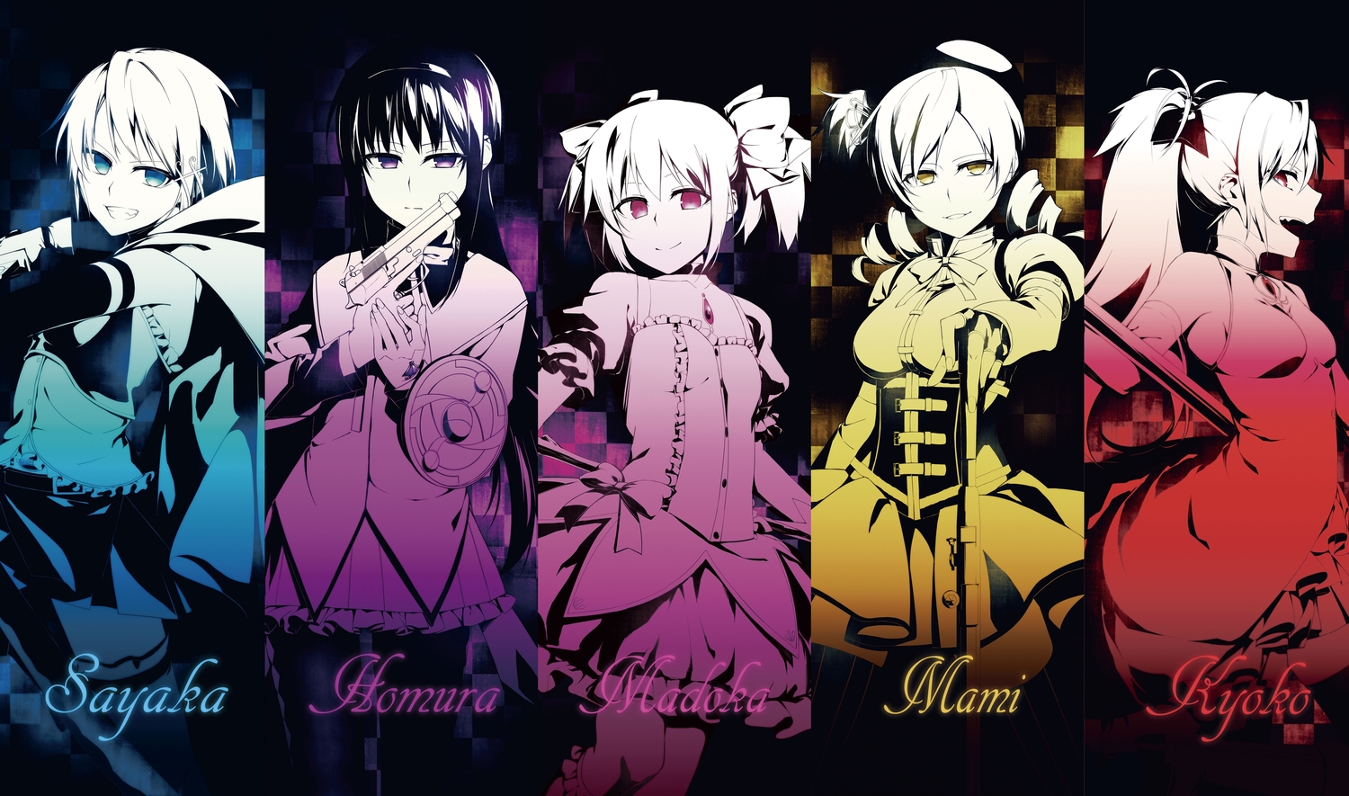 akemi_homura, kaname_madoka, mahou_shoujo_madoka_magica, miki_sayaka, polychromatic, sakura_kyouko, sizuka_(takuma0), tomoe_mami