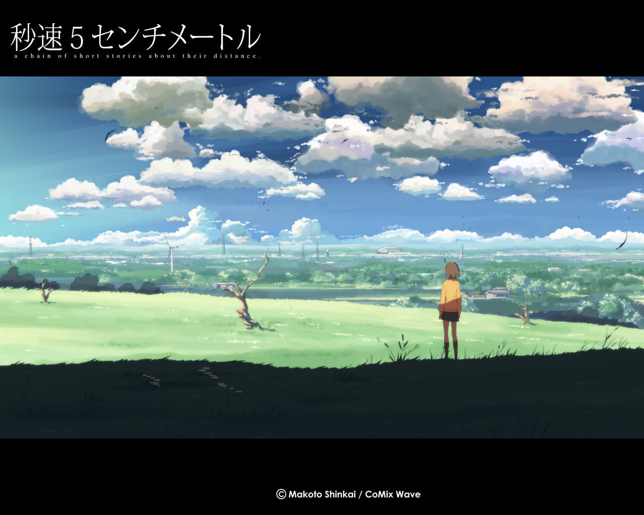 brown_hair, byousoku_5_centimetre, clouds, grass, landscape, scenic, shinkai_makoto, short_hair, sky, sumida_kanae