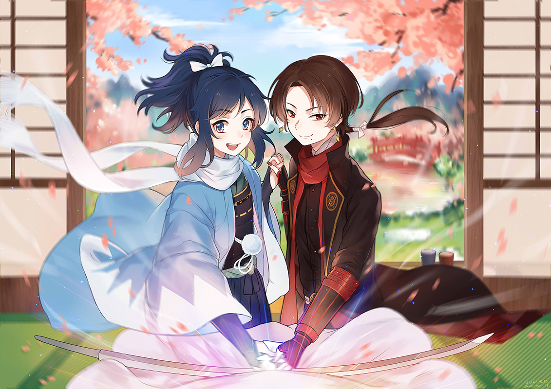 all_male, anthropomorphism, aqua_eyes, black_hair, bow, brown_eyes, brown_hair, cherry_blossoms