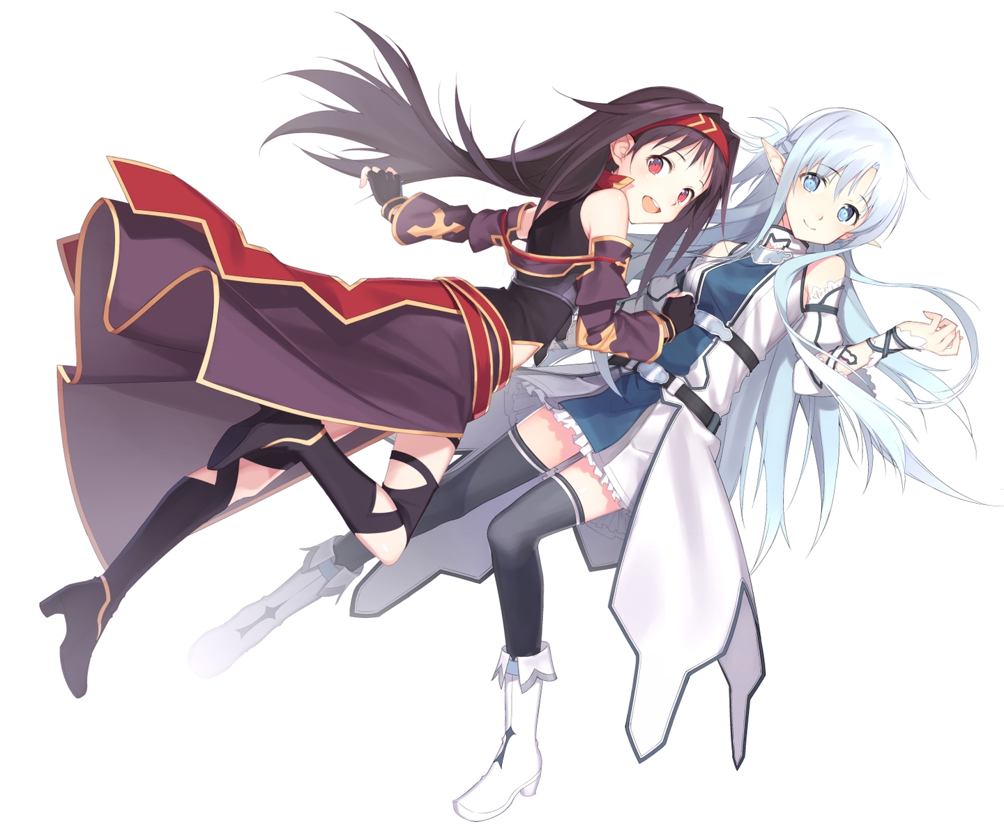 2girls, aqua_eyes, aqua_hair, dress, ecoliff, gloves, headband, konno_yuuki, long_hair, pointed_ears, red_eyes, sword_art_online, thighhighs, yuuki_asuna