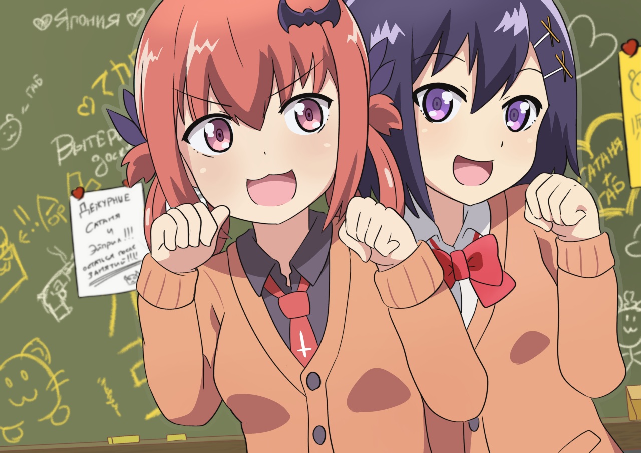 2girls, bow, cat_smile, gabriel_dropout, paper, pink_eyes, purple_eyes, red_hair, satanichia_kurumizawa_mcdowell, school_uniform, servachok, short_hair, tie, vignette_tsukinose_april