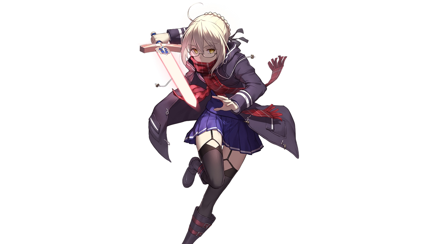 artoria_pendragon_(all), blonde_hair, boots, fame_peera, fate/grand_order, fate_(series), garter_belt, glasses, headdress, mysterious_heroine_x, mysterious_heroine_x_alter, ribbons, scarf, school_uniform, sword, thighhighs, weapon, white, yellow_eyes