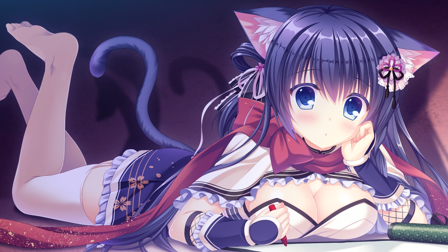 animal_ears, barefoot, blue_eyes, blue_hair, blush, breasts, catgirl, cleavage, fuuma_tama, game_cg, garter_belt, neko-nin_exheart, ribbons, scarf, tail, takano_yuki, thighhighs, whirlpool