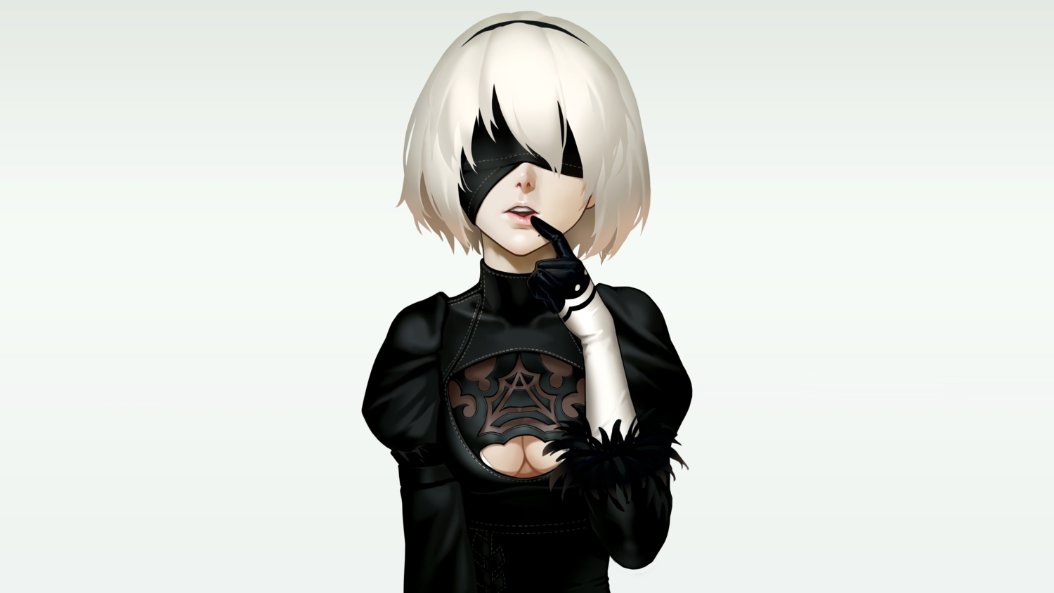 as109, blindfold, breasts, cleavage, dress, gloves, headband, nier
