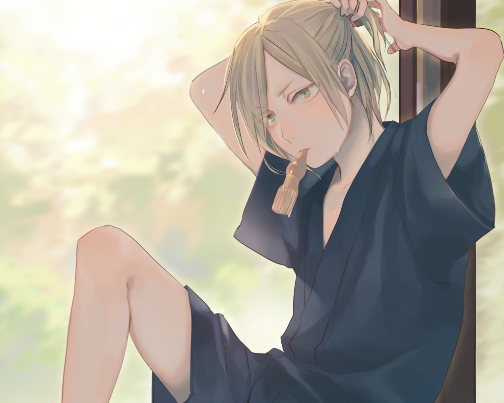 all_male, blonde_hair, candy, cropped, drink, green_eyes, japanese_clothes, male, megane_(artist), ponytail, short_hair, waifu2x, yuri!!!_on_ice, yuri_plisetsky