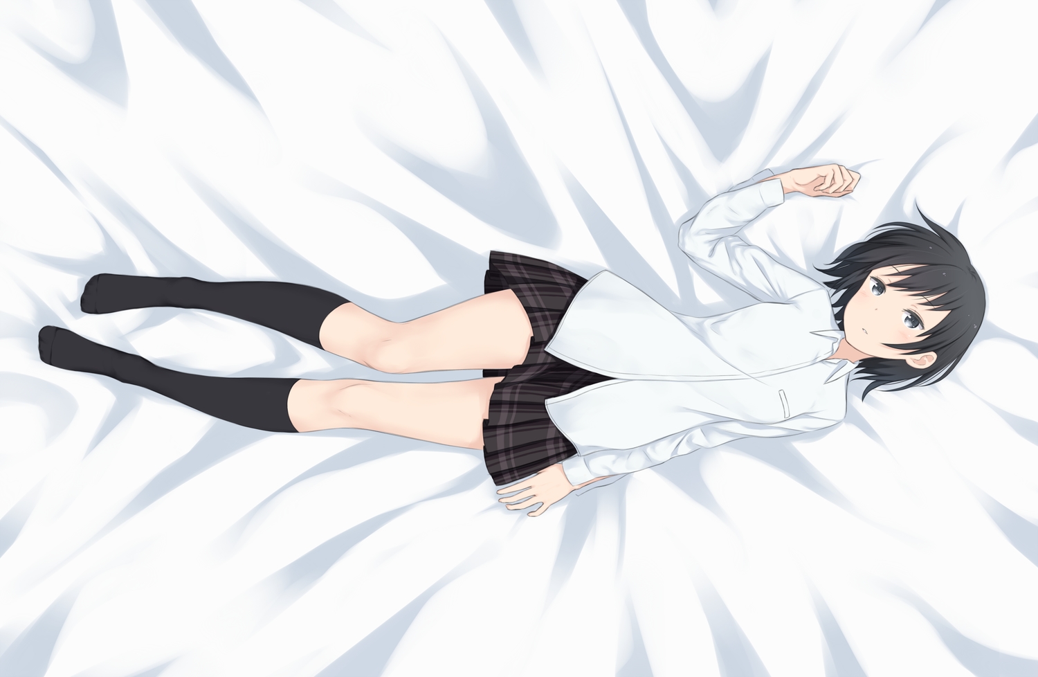 black_hair, gray_eyes, kneehighs, kyak_bamboo, original, school_uniform, short_hair, skirt