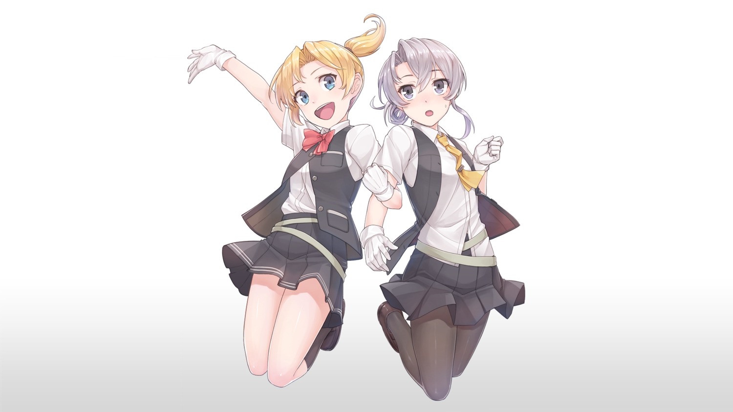 anthropomorphism, aqua_eyes, blonde_hair, blush, bow, gloves, gradient, gray_eyes