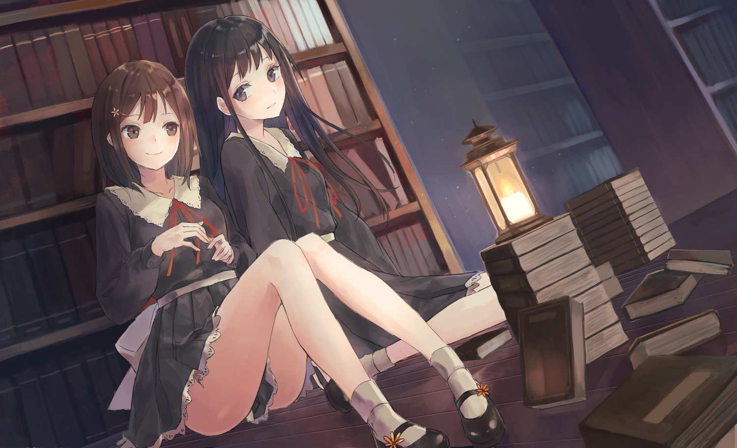 2girls, black_hair, book, brown_eyes, brown_hair, fire, flowers_(game), gray_eyes, kobuta, long_hair, ribbons, school_uniform, short_hair, skirt, socks, tagme_(character)