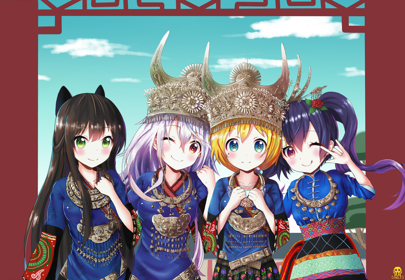 blonde_hair, blue_eyes, blue_hair, blush, chiya_(urara_meirochou), clouds, green_eyes, group