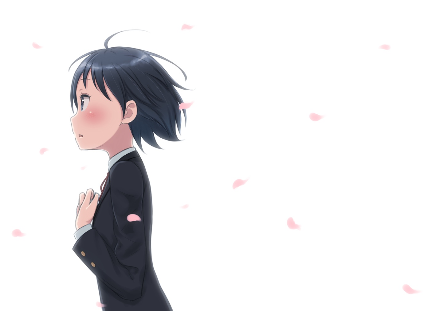 black_hair, blush, kyak_bamboo, original, petals, short_hair, white