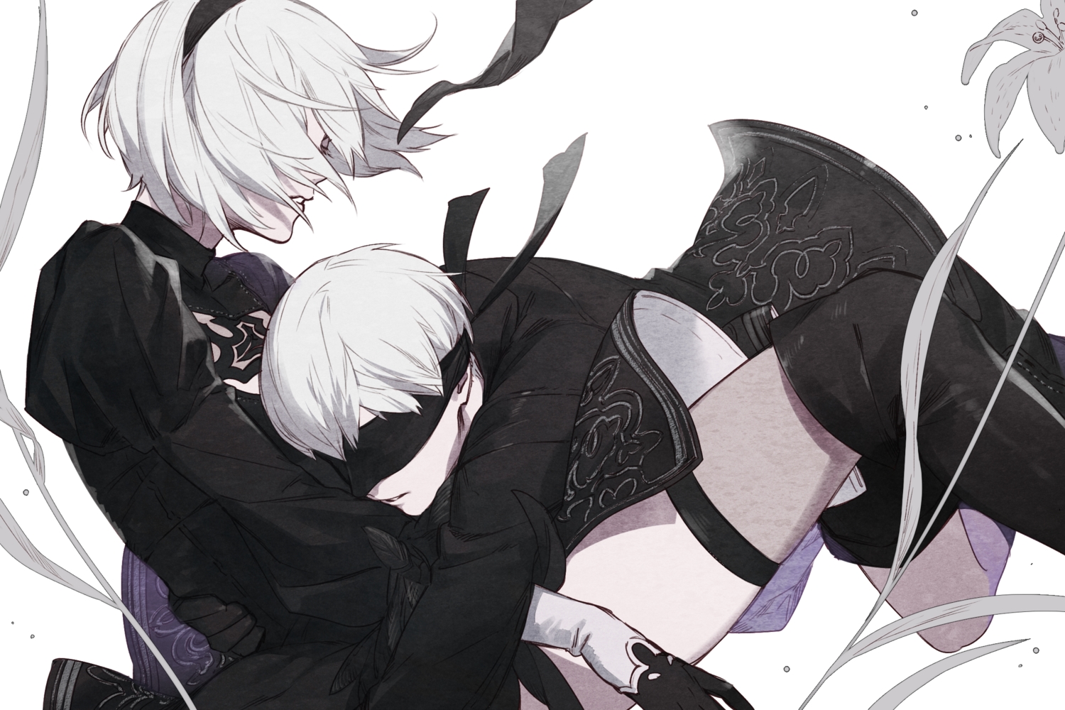 blindfold, boots, dress, gloves, gray_hair, headband, hug, kazari_tayu