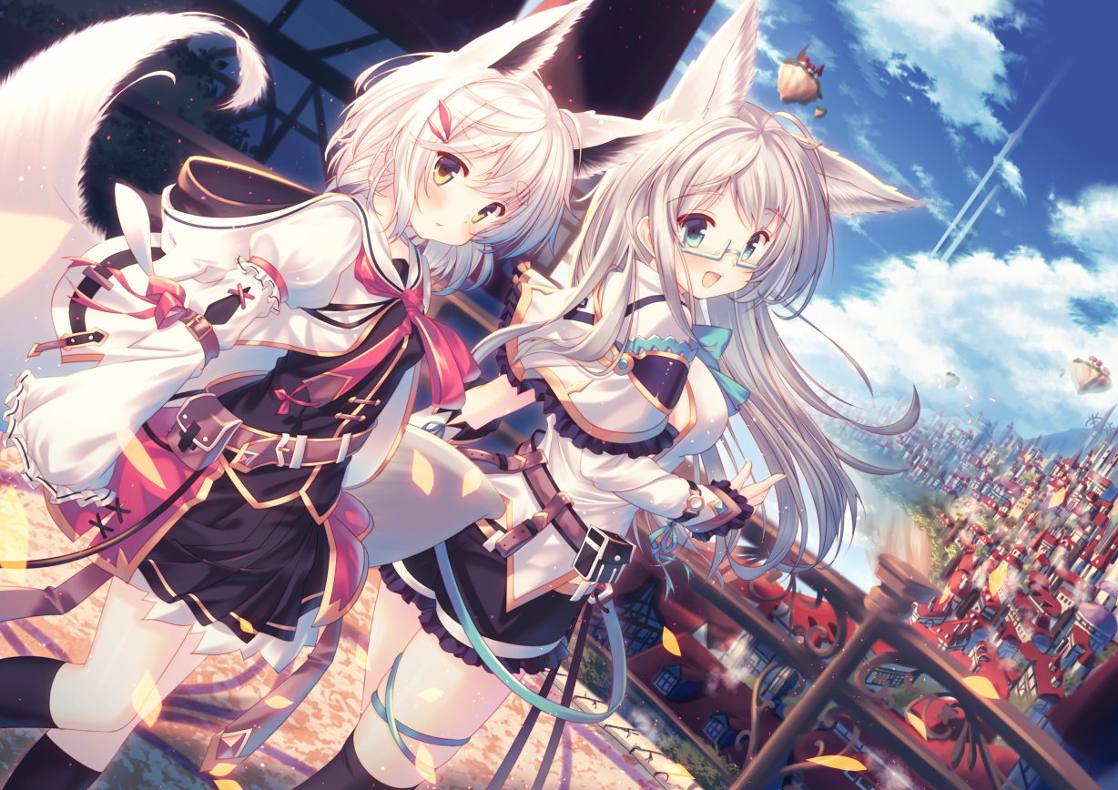 2girls, aliasing, animal_ears, aqua_eyes, blush, building, city, clouds, foxgirl, glasses, kneehighs, long_hair, misaki_yuu, original, petals, ribbons, short_hair, shorts, sky, tail, white_hair, yellow_eyes