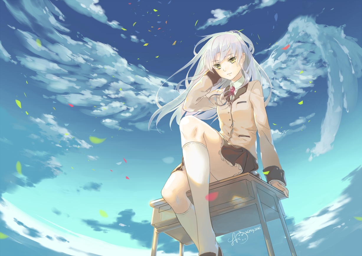angel_beats!, clouds, kneehighs, long_hair, petals, school_uniform, signed, skirt, sky, sua_lucid, tachibana_kanade, white_hair, yellow_eyes