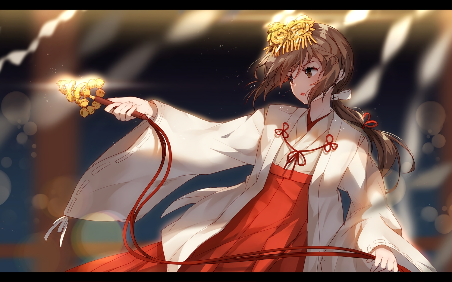 bell, bison_cangshu, brown_eyes, brown_hair, japanese_clothes, kimi_no_na_wa, long_hair, miko, miyamizu_mitsuha, ponytail, ribbons