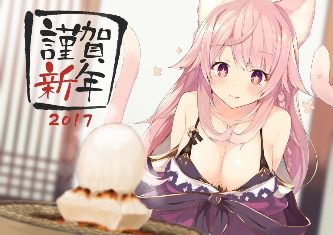 animal_ears, blush, braids, breasts, catgirl, cleavage, food, original, pink_hair, red_eyes, tail, yuui_hutabakirage