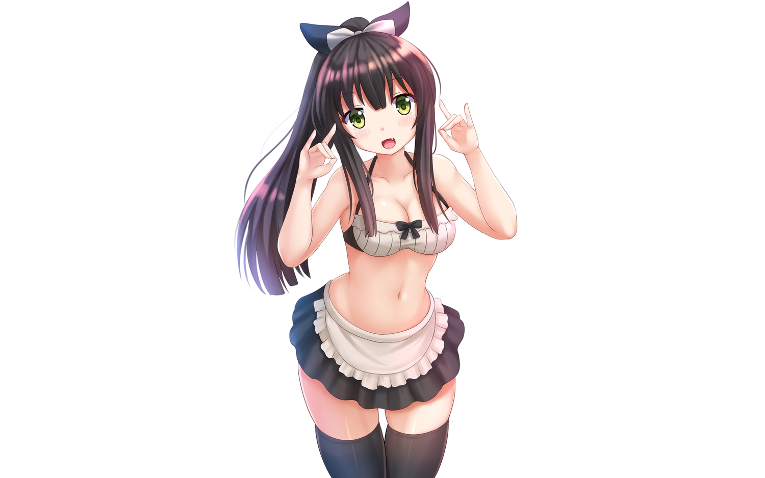 black_hair, blush, bow, breasts, fang, green_eyes, kazenokaze, long_hair, navel, ponytail, skirt, tatsumi_kon, thighhighs, urara_meirochou, white