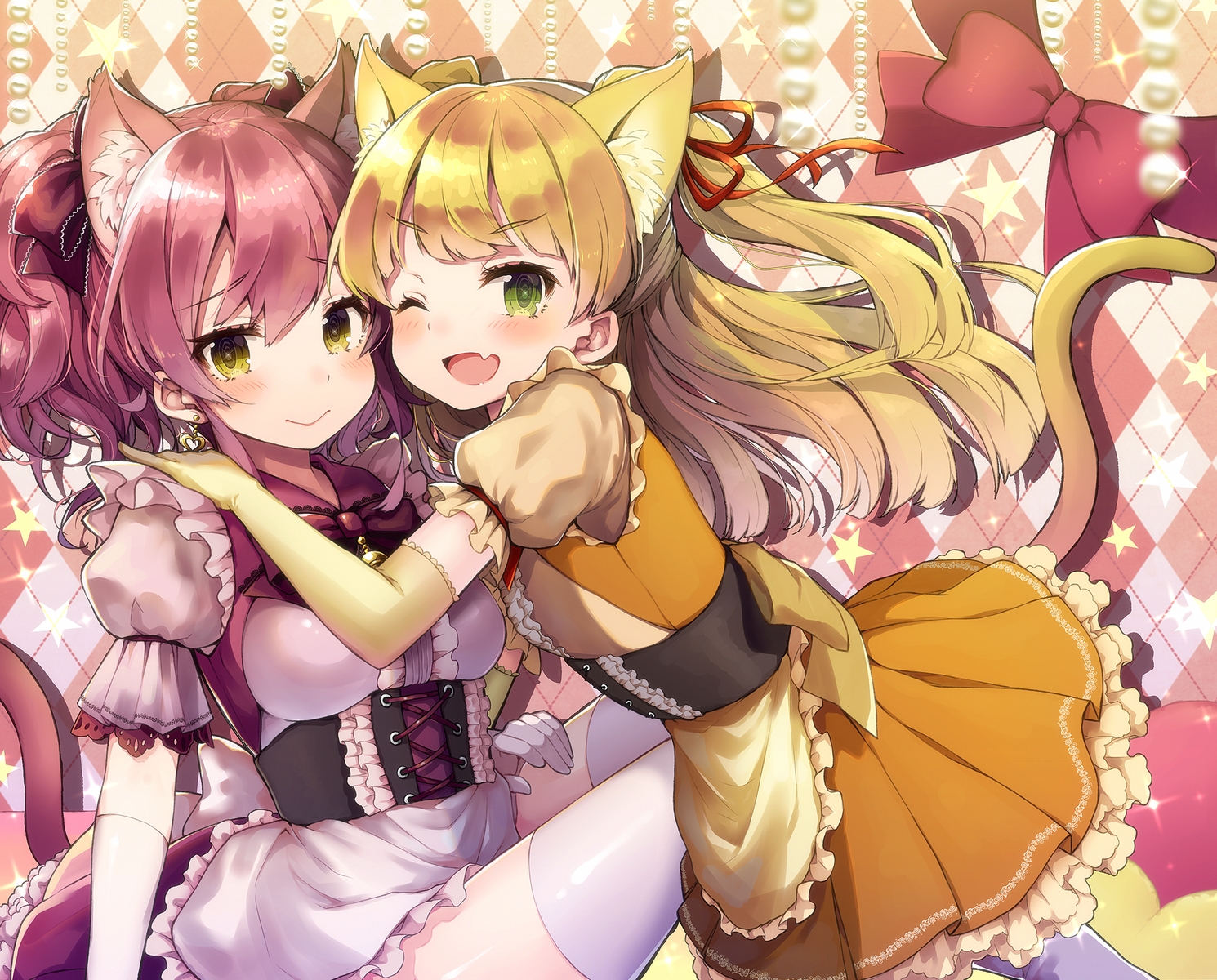 2girls, animal_ears, blonde_hair, blush, bow, breasts, catgirl, dress