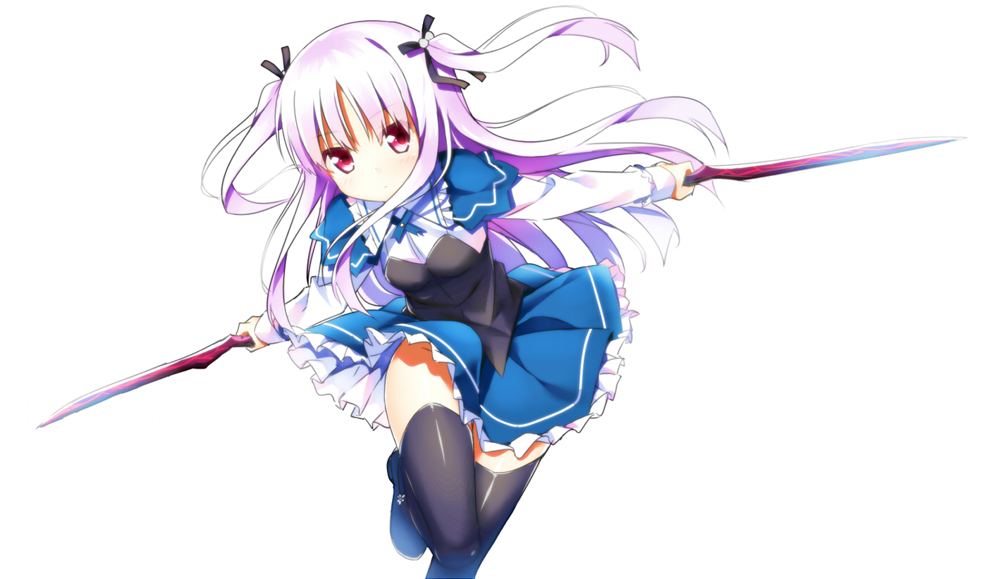 absolute_duo, breasts, hatsunatsu, julie_sigtuna, long_hair, nopan, pink_eyes, pink_hair, ribbons, thighhighs, weapon, white