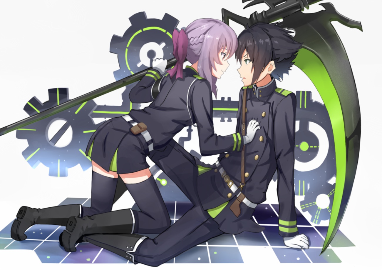black_hair, boots, bow, braids, brown_eyes, gloves, green_eyes, hiiragi_shinoa, hyakuya_yuuichirou, kenkaizar, male, owari_no_seraph, purple_hair, short_hair, skirt, thighhighs, weapon