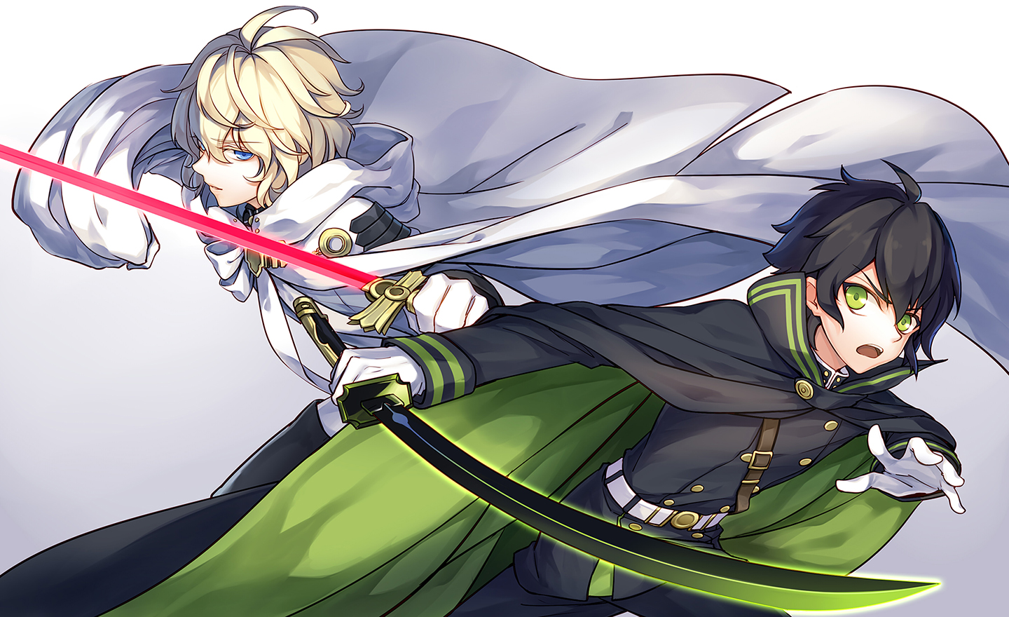 all_male, black_hair, blonde_hair, blue_eyes, cape, gloves, green_eyes, hyakuya_mikaela, hyakuya_yuuichirou, male, owari_no_seraph, short_hair, sword, weapon, yonakaforever