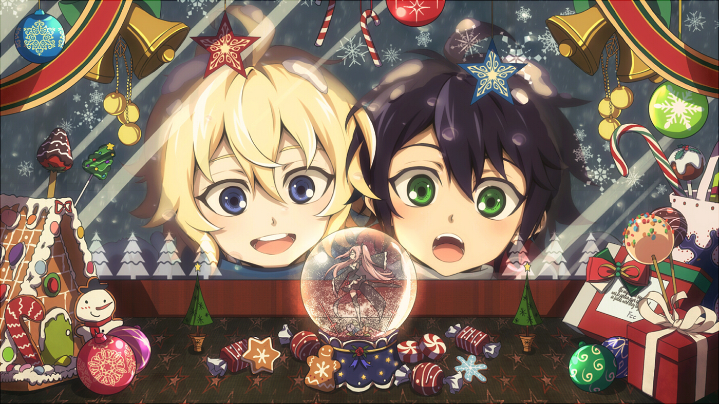 bell, black_hair, blonde_hair, blue_eyes, bow, candy, christmas, fcc