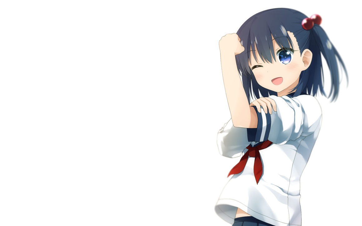 black_hair, blue_eyes, blush, haribote_(tarao), ooya-san_wa_shishunki, ponytail, satonaka_chie_(ooya-san_wa_shishunki), school_uniform, short_hair, white, wink