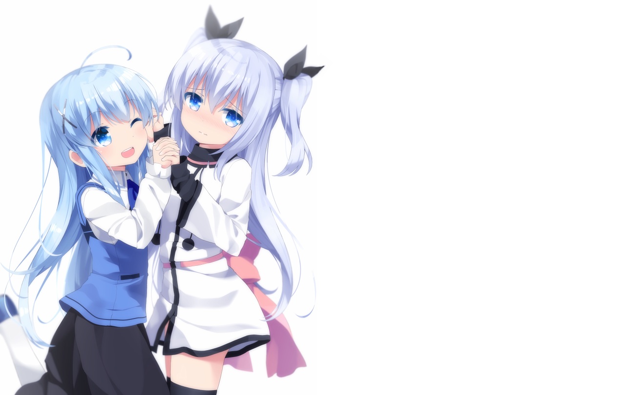 2girls, aqua_eyes, cosplay, crossover, gochuumon_wa_usagi_desu_ka?, gray_hair, haribote_(tarao), kafuu_chino