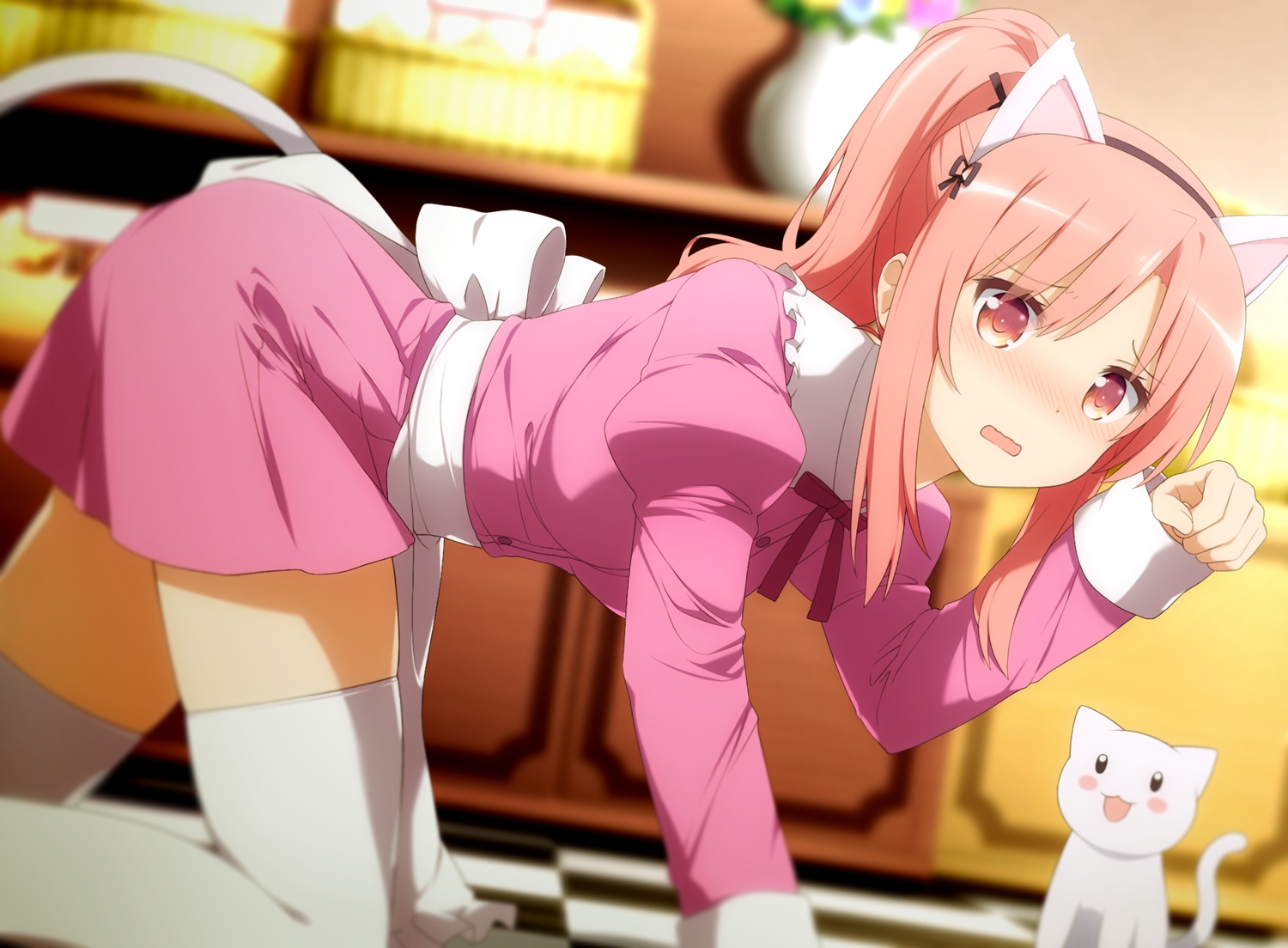 animal, animal_ears, blush, breasts, cat, cat_smile, dress, flowers, haribote_(tarao), long_hair, nishiyama_serina, pink_eyes, pink_hair, ponytail, sansha_sanyou, tail, uniform, waifu2x, zettai_ryouiki