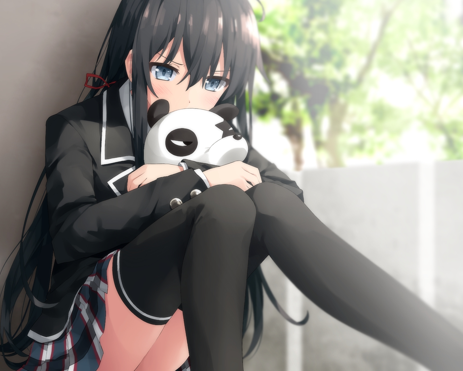 aqua_eyes, black_hair, blush, cropped, haribote_(tarao), long_hair, ribbons, school_uniform