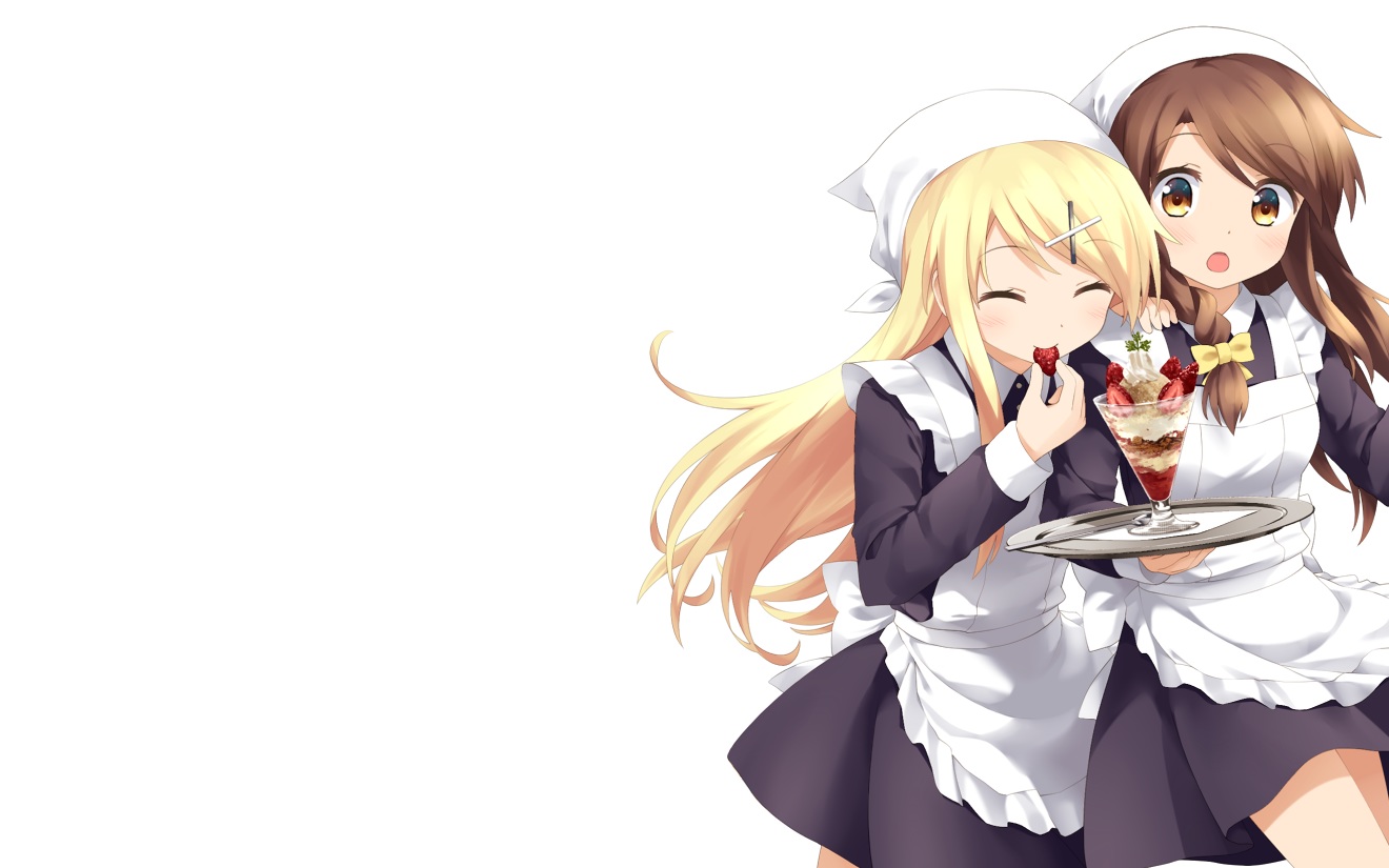 2girls, apron, blonde_hair, blush, bow, braids, brown_eyes, brown_hair