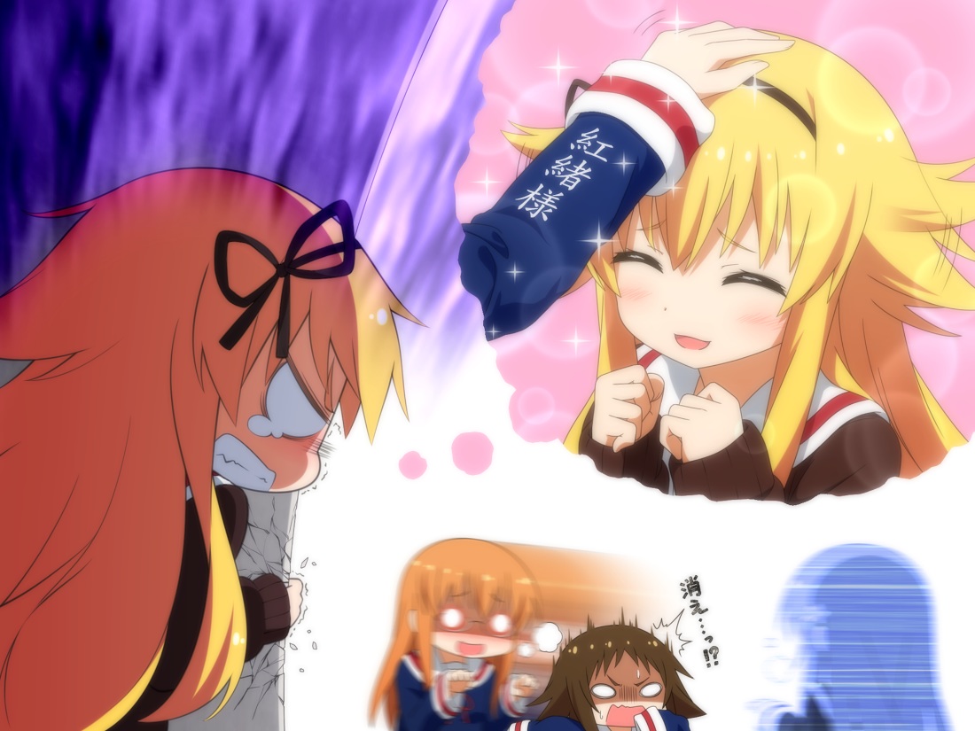 blonde_hair, blush, brown_hair, glasses, haribote_(tarao), long_hair, mikakunin_de_shinkoukei, mitsumine_mashiro, school_uniform, short_hair, suetsugi_konoha, yonomori_benio
